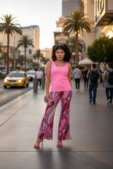 Seki High Waisted Palazzo Pant – Bold Pink Boho Retro Abstract Print - Women's Wide Leg Trousers with Psychedelic Abstract Vibrant Style - Profonde by Blissfully Brand